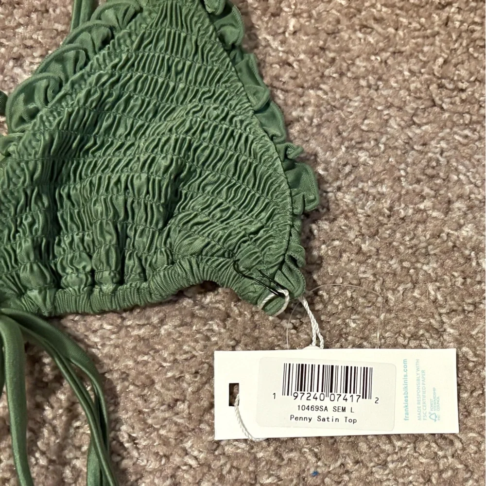 Frankie's Bikinis Olive Green Smocked Triangle Bikini Top